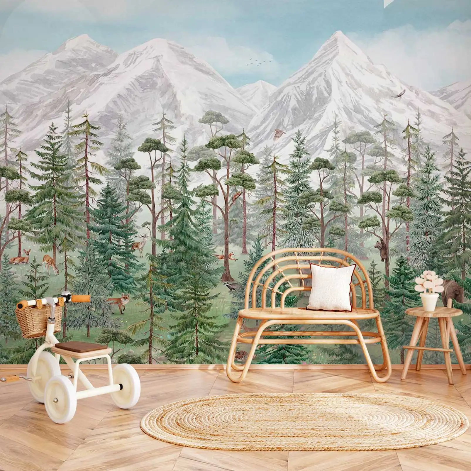tapisserie-panoramique-garcon-animaux-en-montagne-foret-nordique
